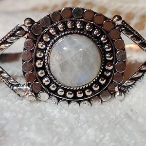 925 Genuine .5" Round, 9 Carat Moonstone Adj Statement Cuff Bracelet